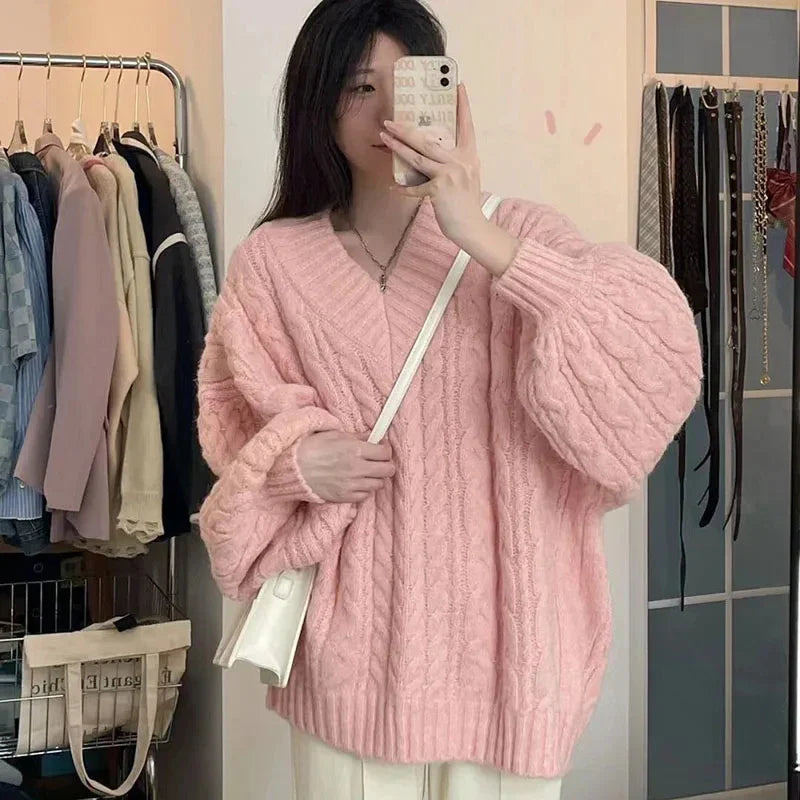Sweater Harajuku Oversized Knitted Pullovers Korean Long Sleeve V Neck Knitwear Preppy Solid Loose Jumper