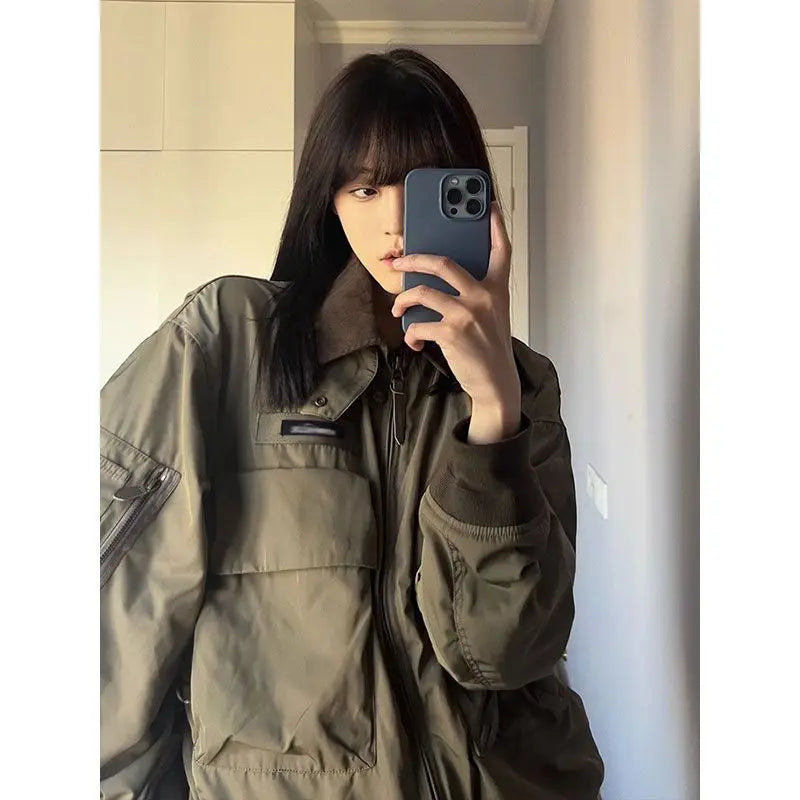 Retro American Short Coat Long Sleeve Casual Safari Style Japanese Y2k Bomber Jacket Pure Color Jacket Chic Tops
