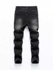 1 Piece of Four-Season Snowflake Washed Jeans, Stretch Slim Fit Light Gray Dark Black Casual Denim Pants, Normcore