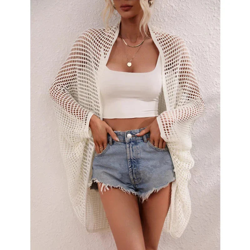 Openwork Open Front Longline Cover Up Crochet Knit Cardigan Sweater