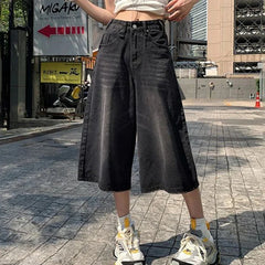 American Style Vintage Baggy Jeans Y2k Loose Washed High Waist Knee Length Denim Pants Streetwear Wide Leg Shorts