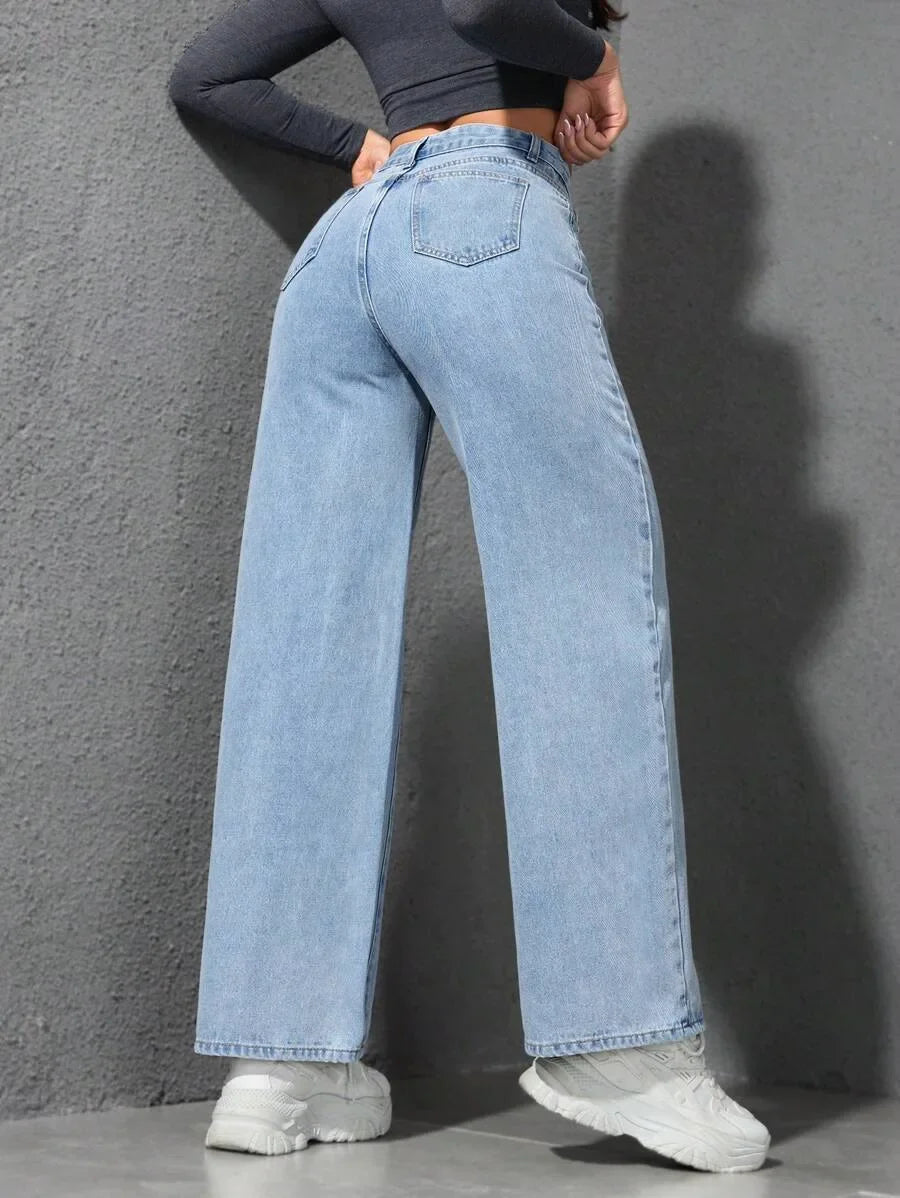 Retro Loose Wide Leg Jeans Solid Straight Wash High Elastic Waist Denim Pants Casual Streetwear Pocket Trousers