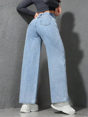 Retro Loose Wide Leg Jeans Solid Straight Wash High Elastic Waist Denim Pants Casual Streetwear Pocket Trousers