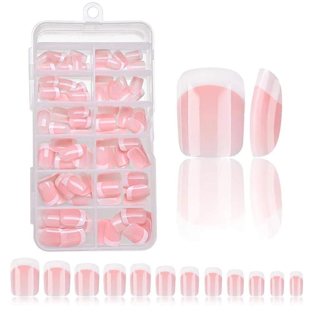 120Pcs Pink French Short Square Fake Nails 12-Sizes Full Cover Press On Nails Wearable Detachable Finished False Fingertips *TD