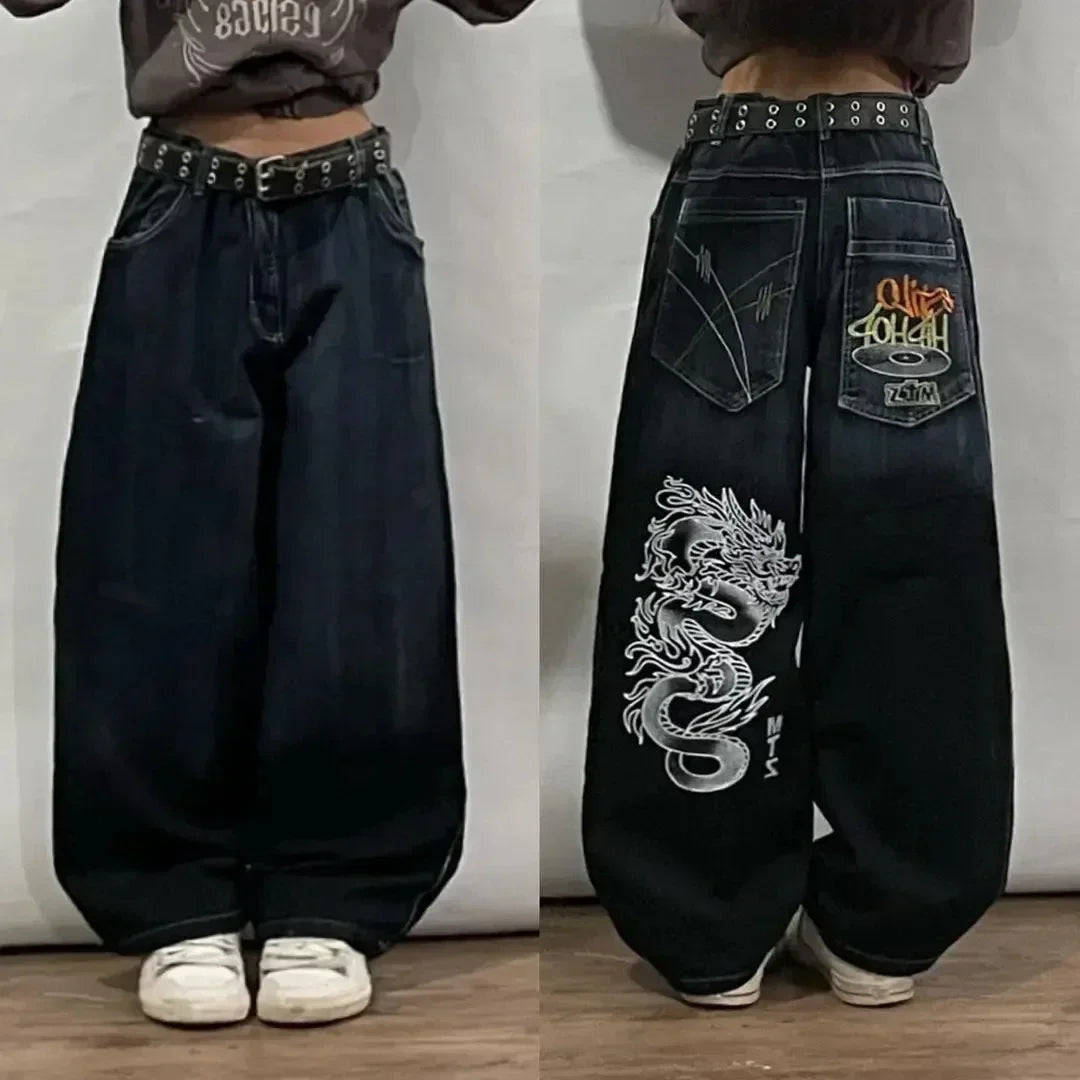 American Hip Hop Retro Gothic Print Jeans Y2K Street Selling Loose Straight Wide Leg Pants Unisex Joker Jeans