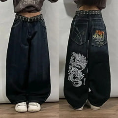 American Hip Hop Retro Gothic Print Jeans Y2K Street Selling Loose Straight Wide Leg Pants Unisex Joker Jeans