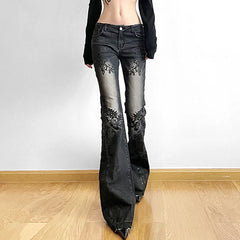 Jeans American Retro Street Style Plant Print Washed Vintage Low-Rise Flare Pants Trendy Versatile