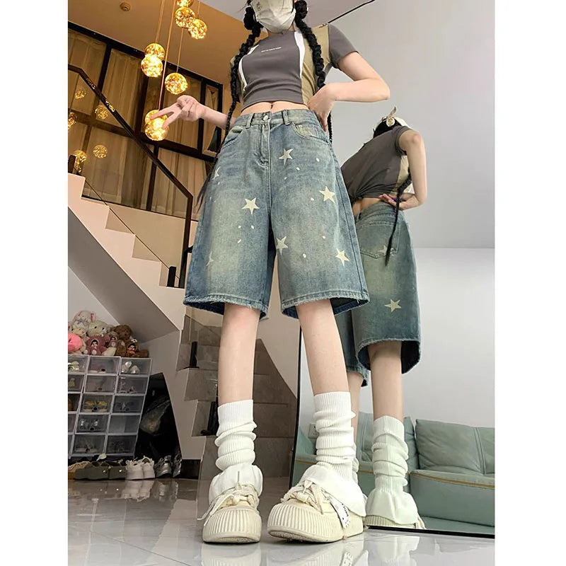 American Style Vintage Short Jeans High Waisted Washed Wide Leg Denim Pants Do Old Star Knee Length Shorts