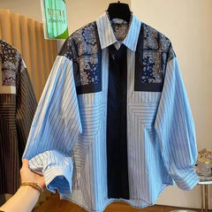 Korean Print Spliced Striped Long-Sleeved Shirt Loose Casual All-match Lapel Blouse Lady Tops