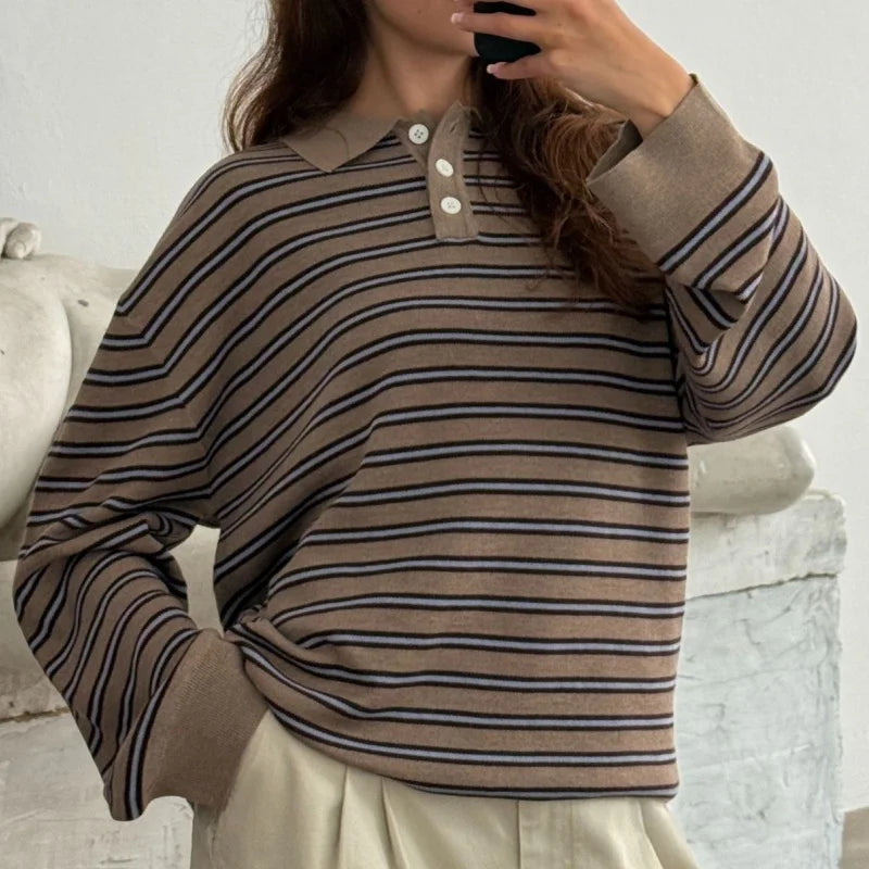 y2k Vintage Rib Knitted Striped Collared Sweater Loose Long Sleeve Pullover Knit Tops Casual Sweatirt Clothes