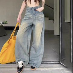 Vintage Chicly Button Jeans American Simple Baggy High Waisted Denim Pants Washed Y2K Wide Leg Jean Trousers