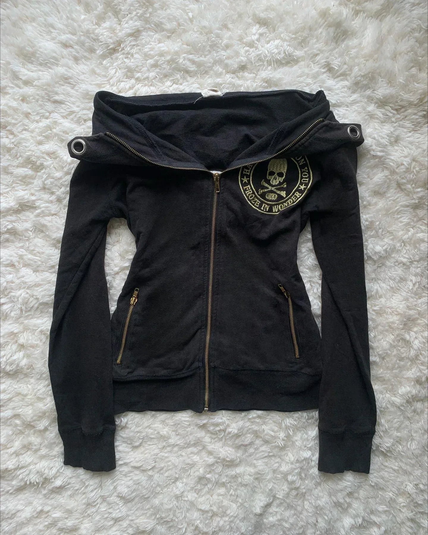 Y2K Gothic Drawstring Design Black Zipper Sweatshirt Jacket Coat Harajuku Letter Graphic Slim Hoodie Clothing