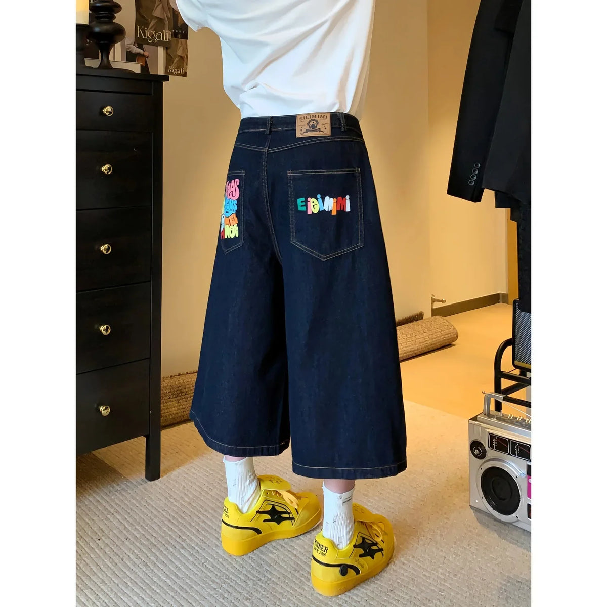 American Retro Jeans Y2K Harajuku Hip Hop Gothic Retro Pocket Embroidered Blue Baggy Jeans Low Waist Wide Leg Trousers