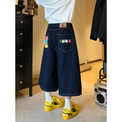 American Retro Jeans Y2K Harajuku Hip Hop Gothic Retro Pocket Embroidered Blue Baggy Jeans Low Waist Wide Leg Trousers