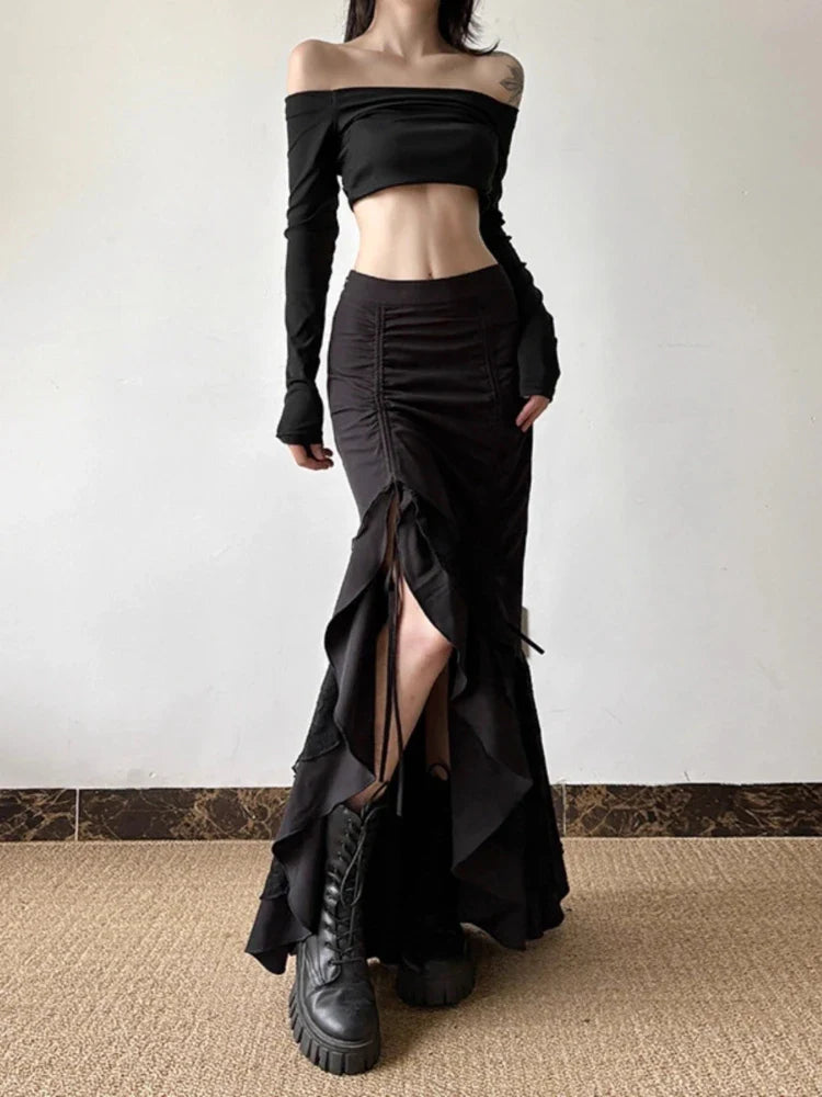 Y2k Spicy Girl Skirts Solid Color Lace Patchwork Draw String Irregular Long Skirt Harajuku Design Streetwear Clothing