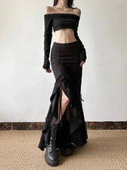 Y2k Spicy Girl Skirts Solid Color Lace Patchwork Draw String Irregular Long Skirt Harajuku Design Streetwear Clothing