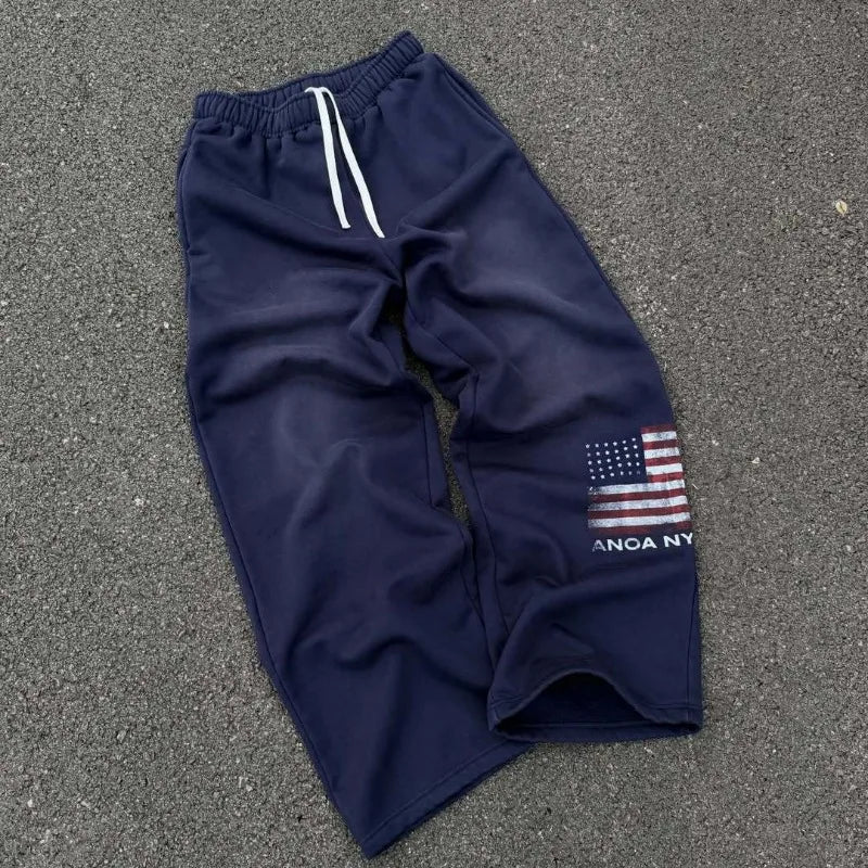Y2k Clothes Vintage Wash USA Flag Print Wide Leg Sweatpants