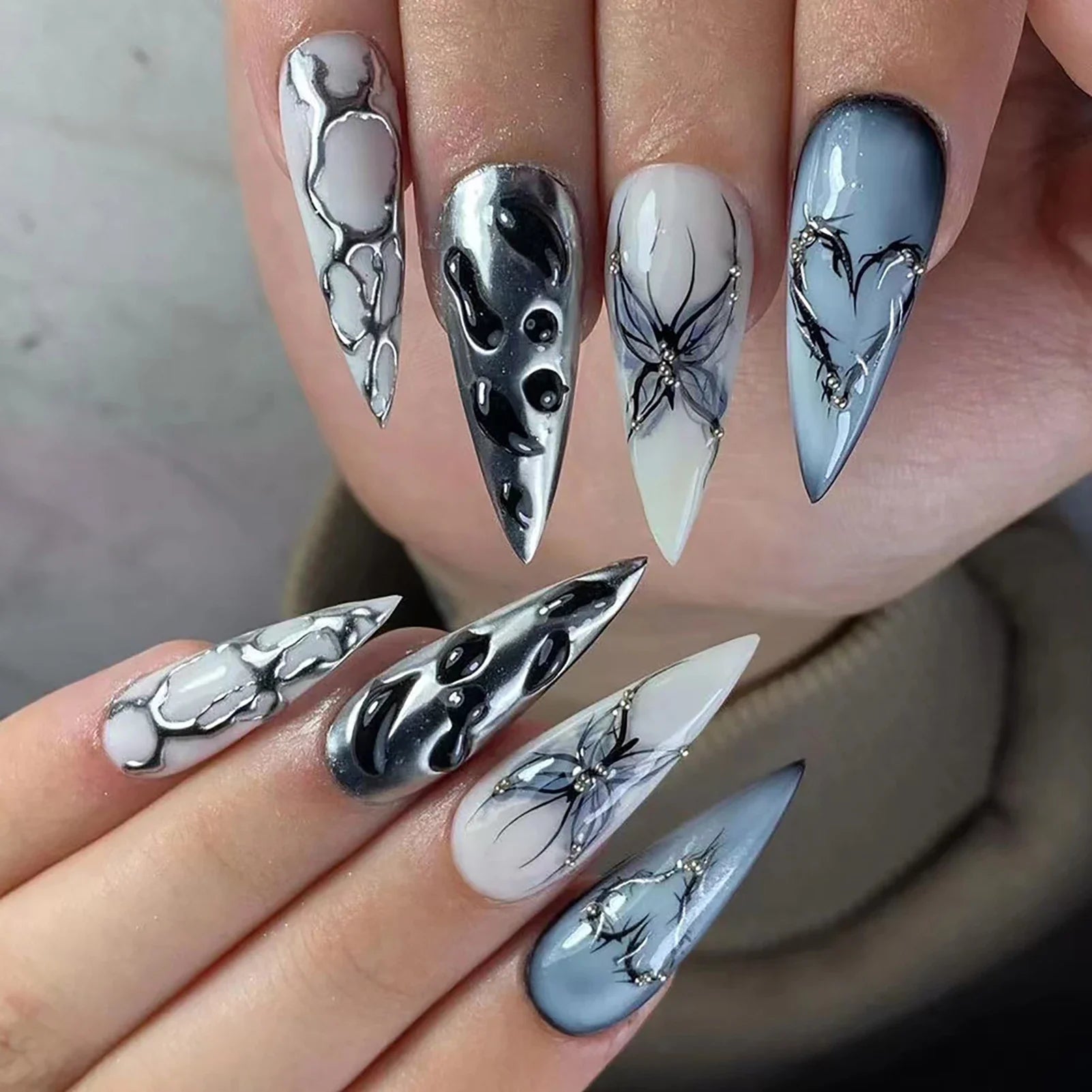 24PCS Long Press On NailsStiletto Black Silver Bowknot Dissymmetry Fake Nails Powder Full Cover Fake Nail Set Nails Art