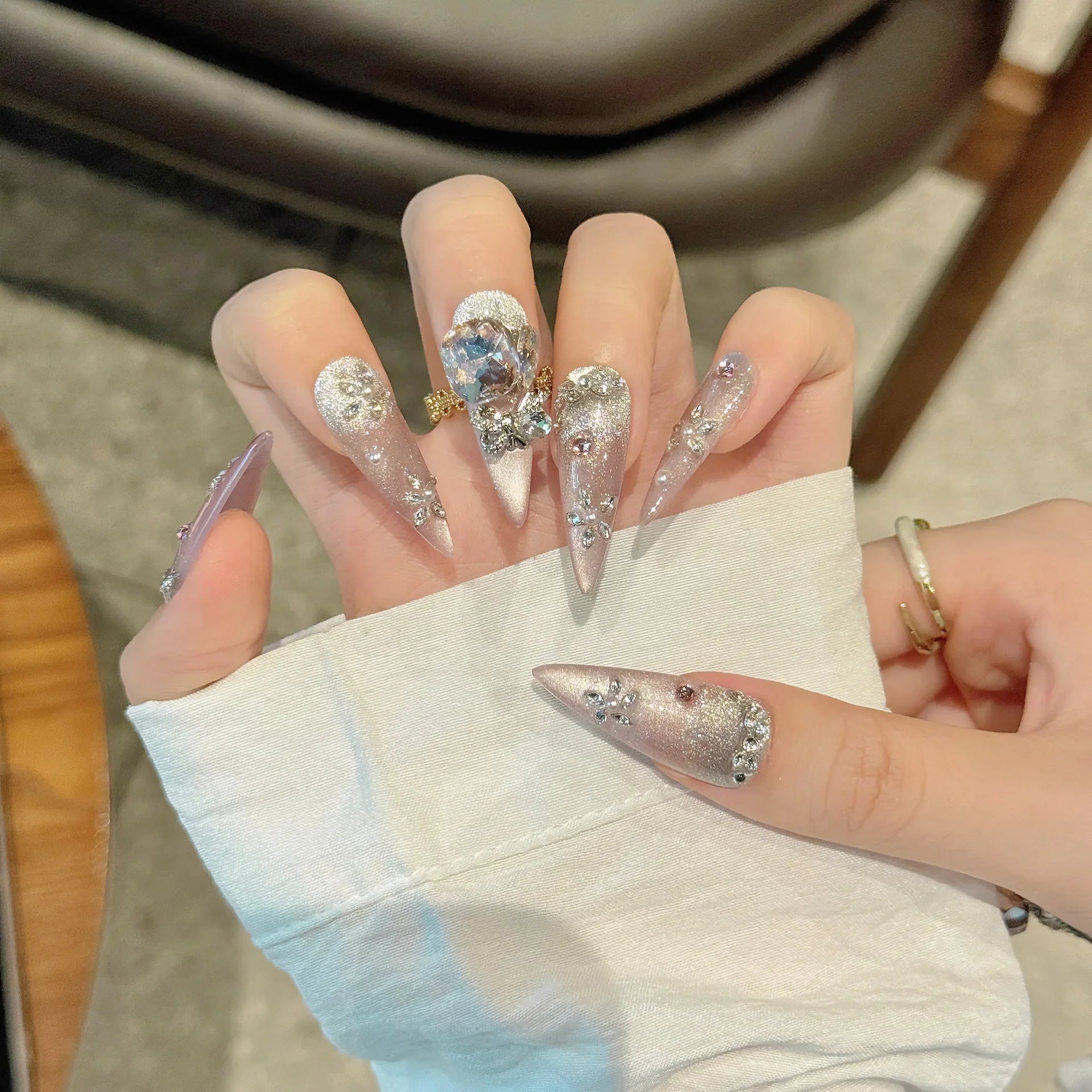 Handmade Press on Nails Shiny Pink Cat Eye Fake Nails