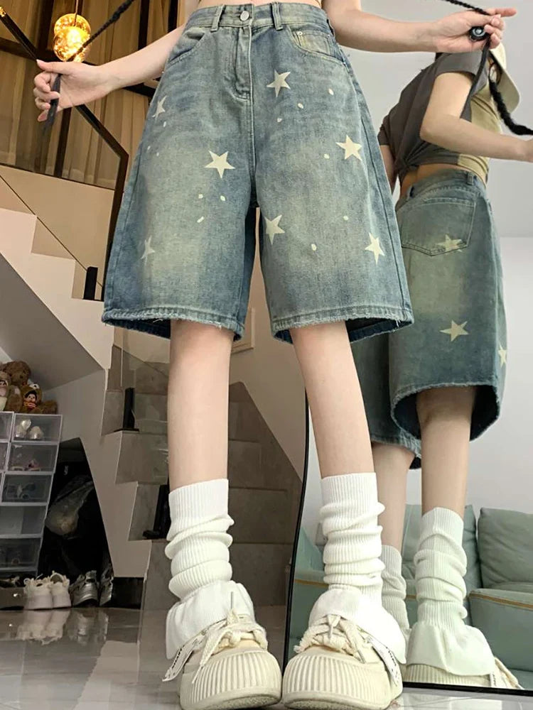 High Waist American Retro Washed Wide Leg Jeans Girls Street Do Old Star Loose Denim Pants Blue Knee Length Shorts