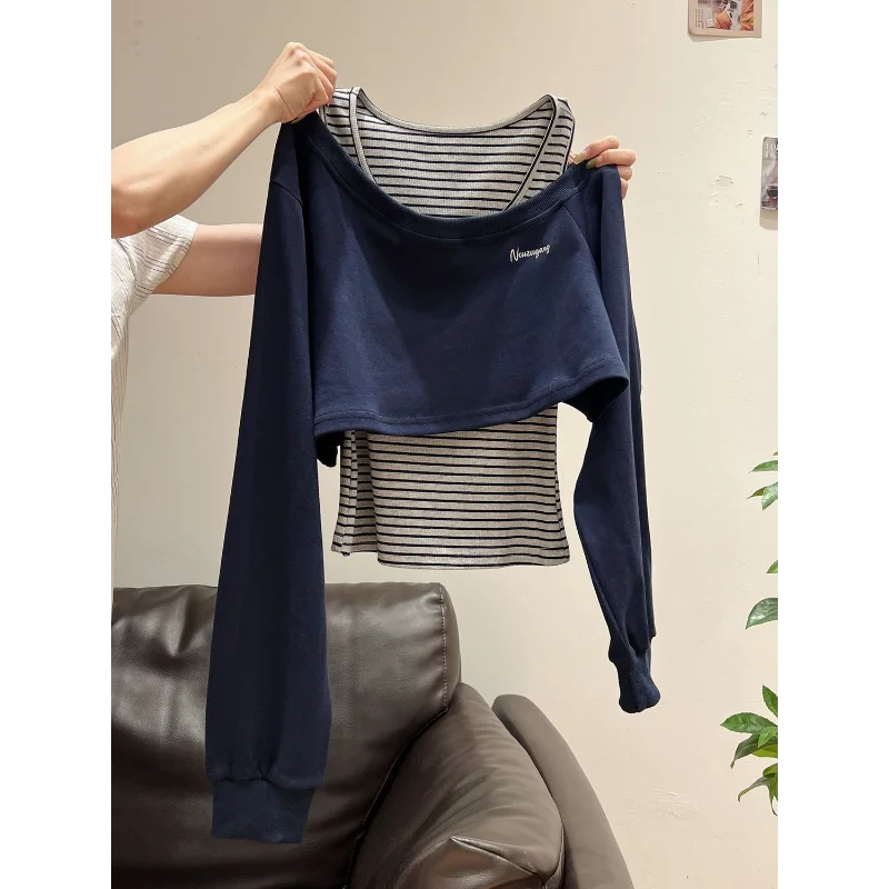 Xia Zhenhua Gray Off-shoulder Long-sleeved Striped Sweatshirt Design Matching Vest Two-piece Set