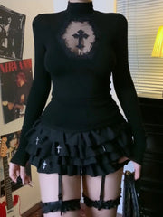 Turtleneck Top Y2k Clothes Black Gothic Cross Hollow Slimming Bottom T Shirt