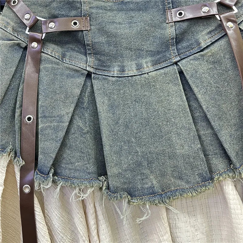 Retro Spliced Denim Pleated Skirt
