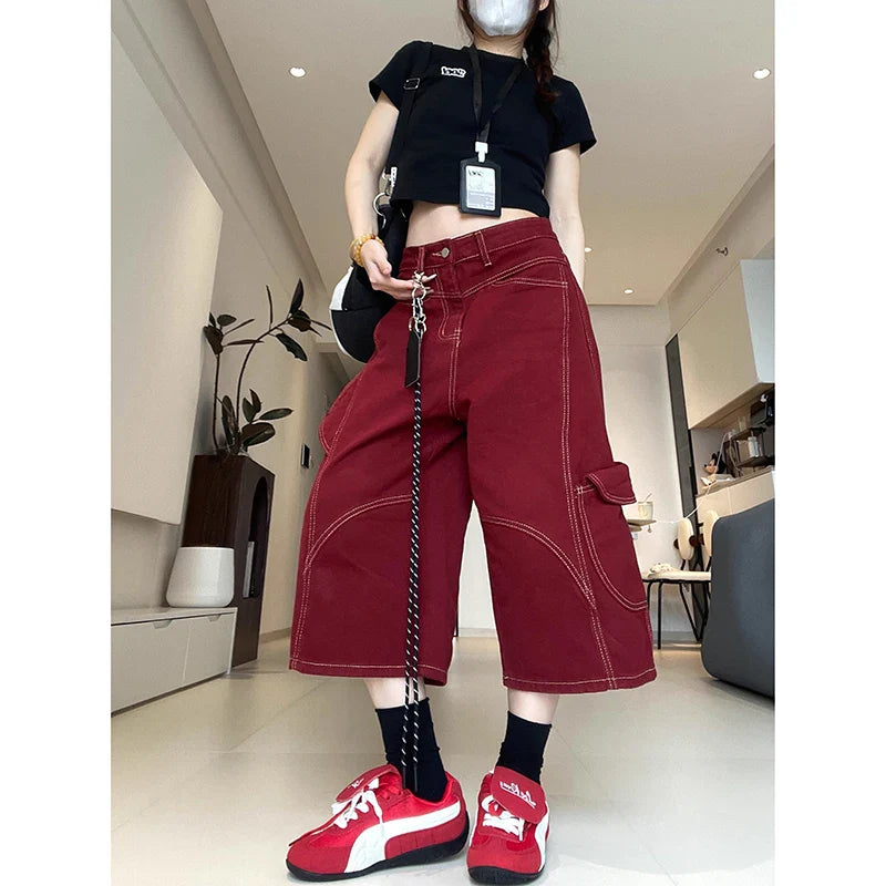 Red Gothic Cargo Jeans Vintage Korean 90s Y2k Denim Trousers Harajuku High Waist Cowboy Shorts 2000s Clothes