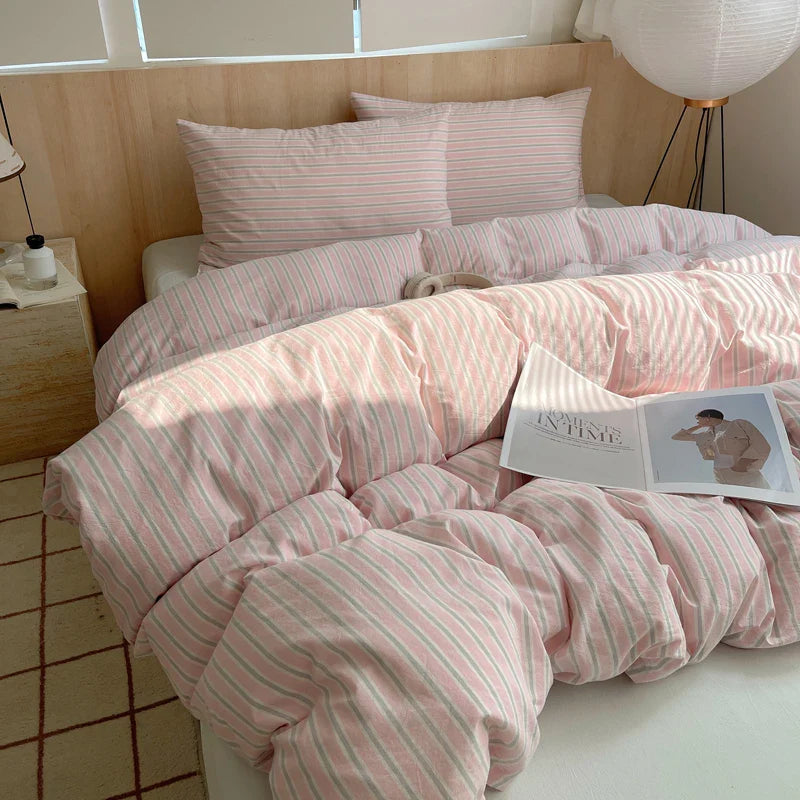 1pc Korean Cotton Pink Stripes Duvet Cover 150x200 Size Girl's Room housse de couette Skin friendly Breathable Comforter Sets