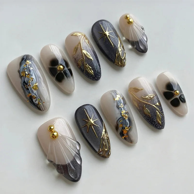 24pcs Short Almond False Nail Art Starlight Rhinestone Design Nails Tip Green Full Cover Nail Set Datachable Press on Fake Nails