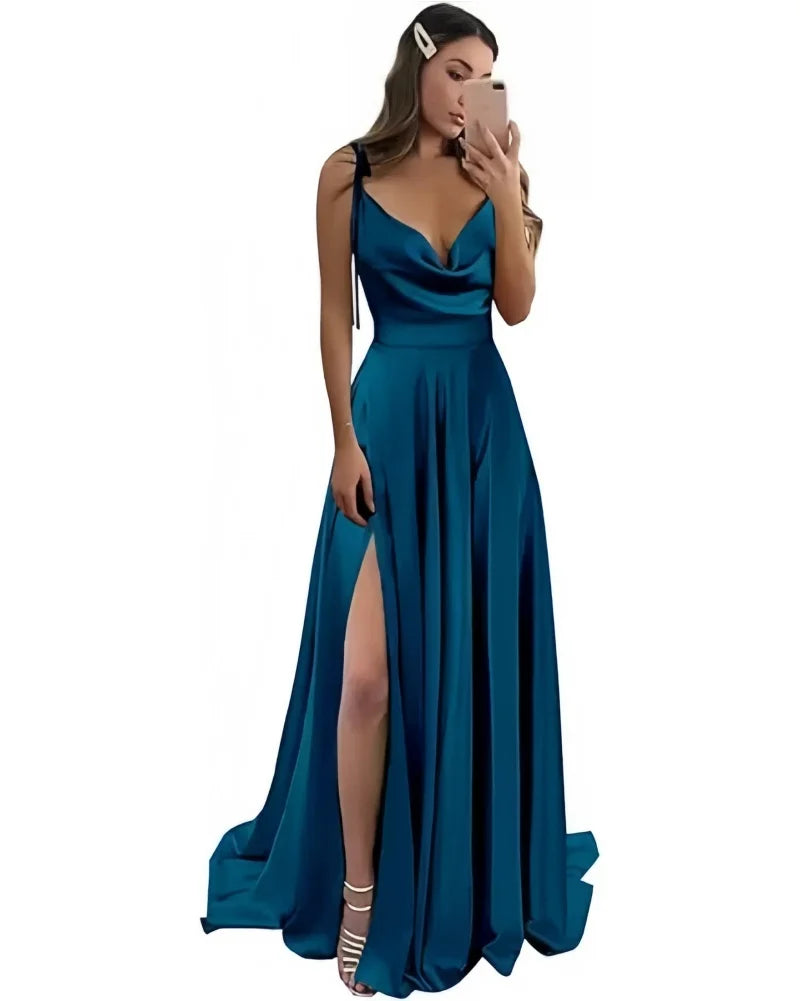Satin Prom Dresses Pockets Draped Neck Long