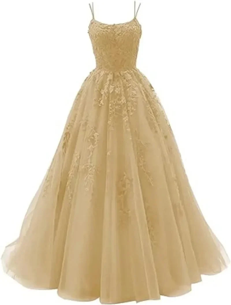Tulle Spaghetti Straps Prom Dresses Long Lace Appliques Ball Gowns