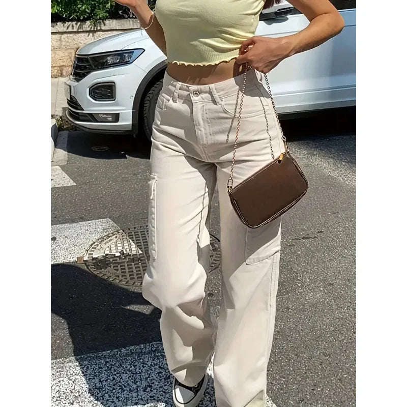 Straight Leg Jeans Casual High Waist Street Style Pocket Workwear Loose Long Trousers Pants