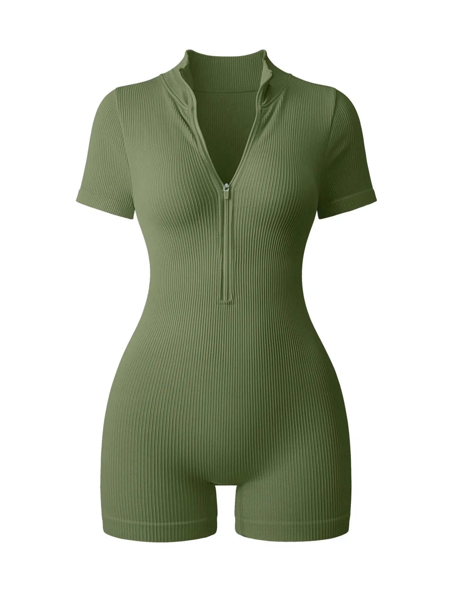 Textured Short Sleeve Zip Front Athletic Yoga Bodysuit Bodybuilding Slimming One Piece Hip Lifting