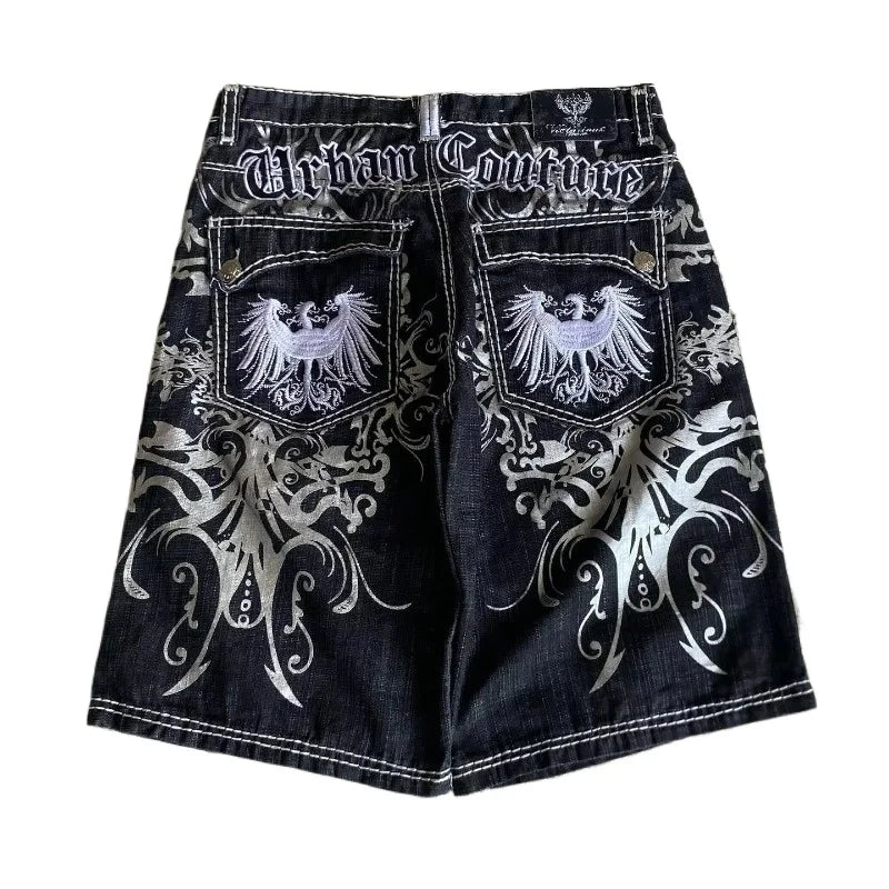 Y2K Denim Shorts Patch Vintage Shorts Street Hip Hop Harajuku Punk Loose High Waist Wide Leg Pants
