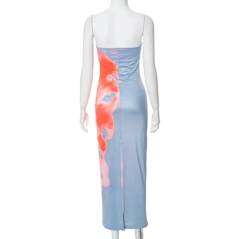 Strapless Print Tube Maxi Dress Off Shoulder Backless Stretch Long Sundress Beach Y2K Clothes