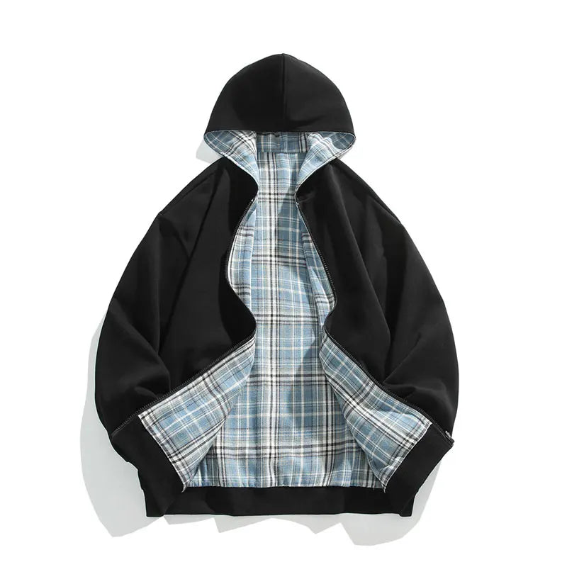 Reversible Sweatshirt Hooded Cardigan Tide Couple Model Hooded Sweatshirt Plaid Jacket Unisex Hoodies