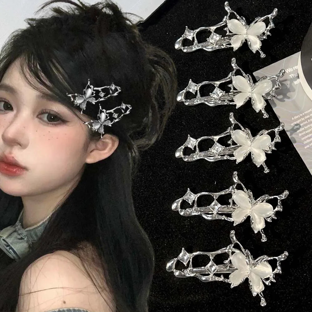 1/4pcs Y2K Irregular Liquid Metal Hairpin Butterfly Zircon Hair Clips Girl Silver Bang Clip