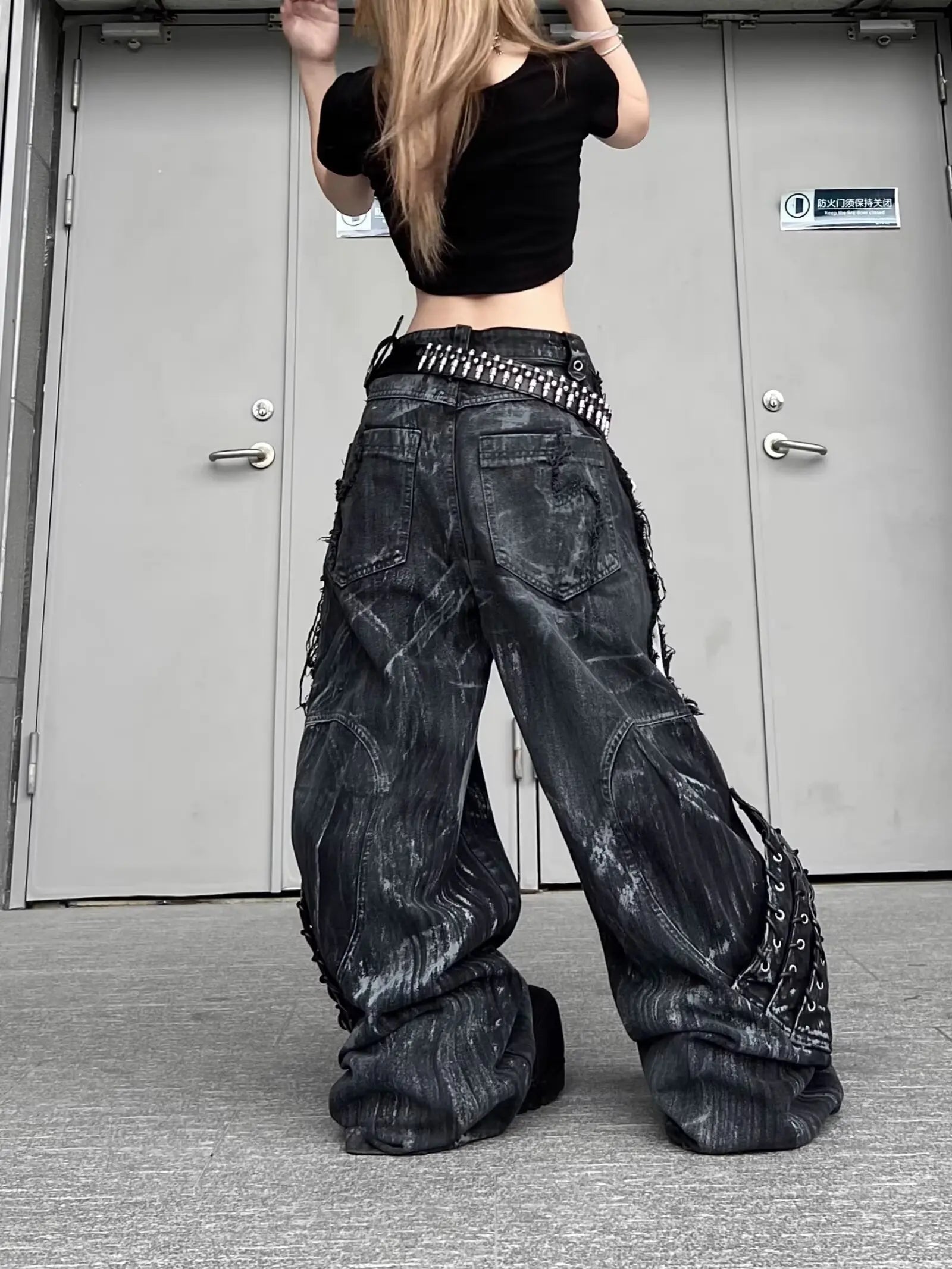 Vintage Patchwork Distressed Jeans Hip Hop Loose Wide Leg Cargo Pants Washed Distressed Denim Trousers