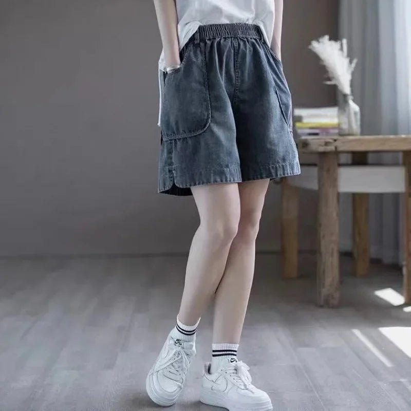 Retro Pocket Harlan Denim Lantern Pants Loose Nine Points Elastic Waist Loose Fit High Waist Jeans Lantern Trousers