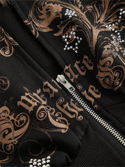 Warm Gothic Print Hoodie Faux Fur Crop Top Zip-Up Sweatshirt Y2K Streetwear Hooded Jacket New