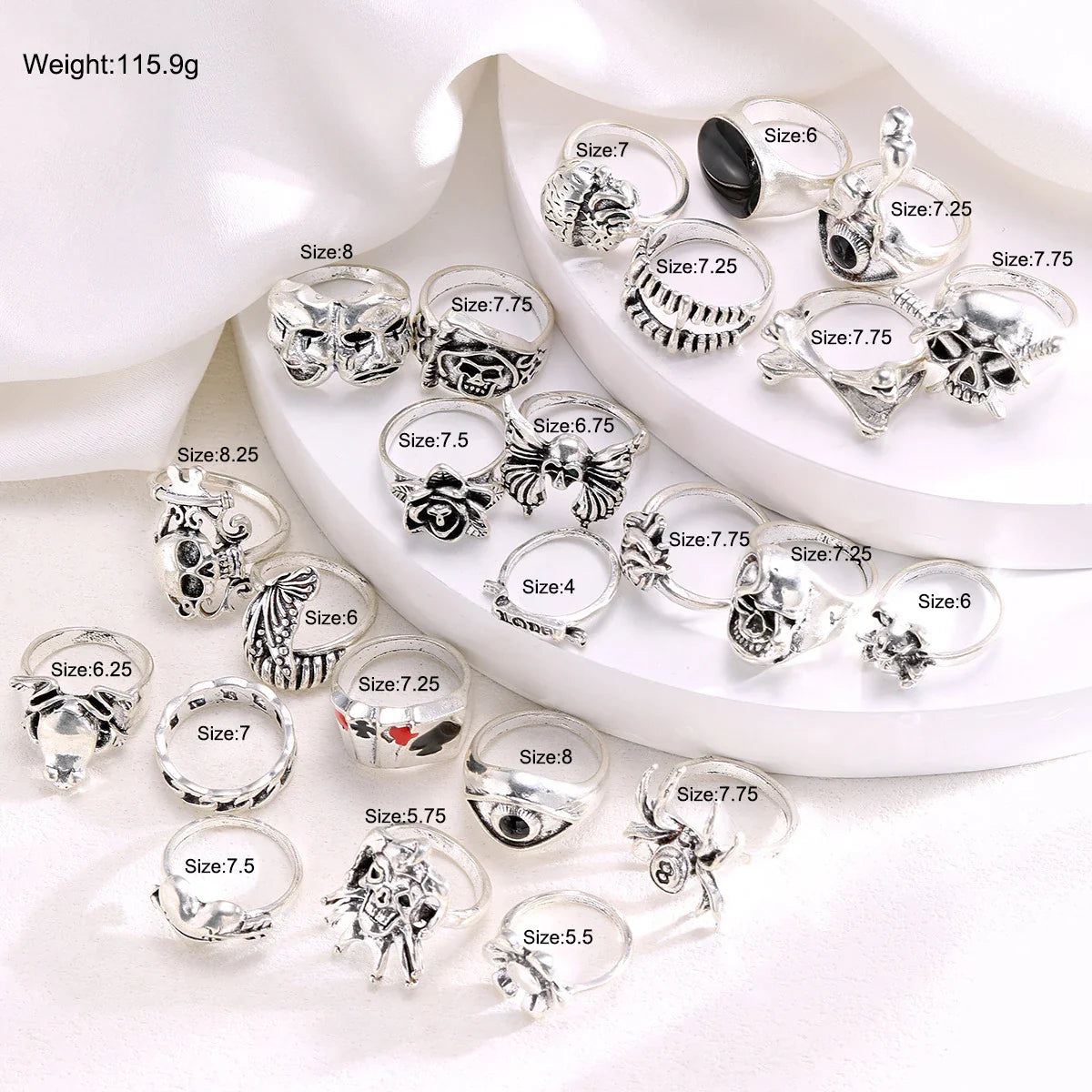24Pcs/Set Punk Gothic Rings Sets Silver Color Skeleton Spider Poker Joker Eyes Heart Rings