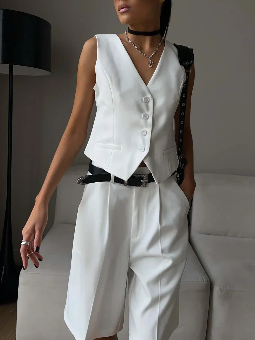 Wolfeel Womem Chic Vest Shorts Suit Two-Piece Set Office Ladies Chic 2 Piece Sets Outfits