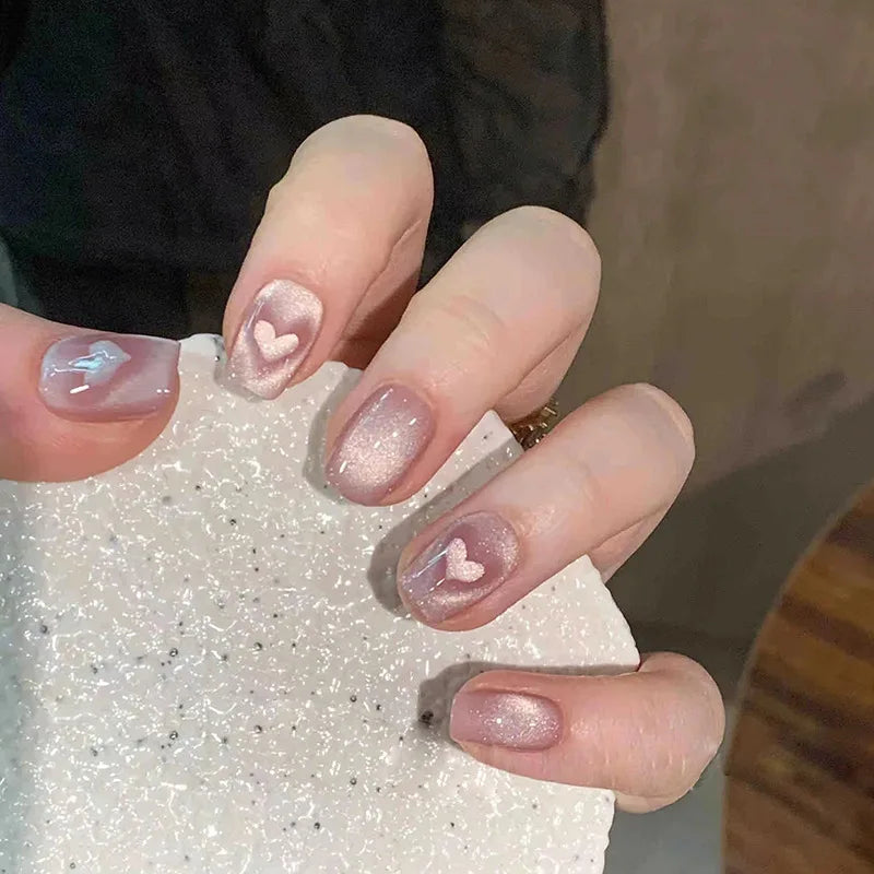 24Pcs Pink Cat Blue Love Cute Short Ballet Press on False Nails Sweet French Cat Eye Bow Star Designs Style Detachable Nails Set