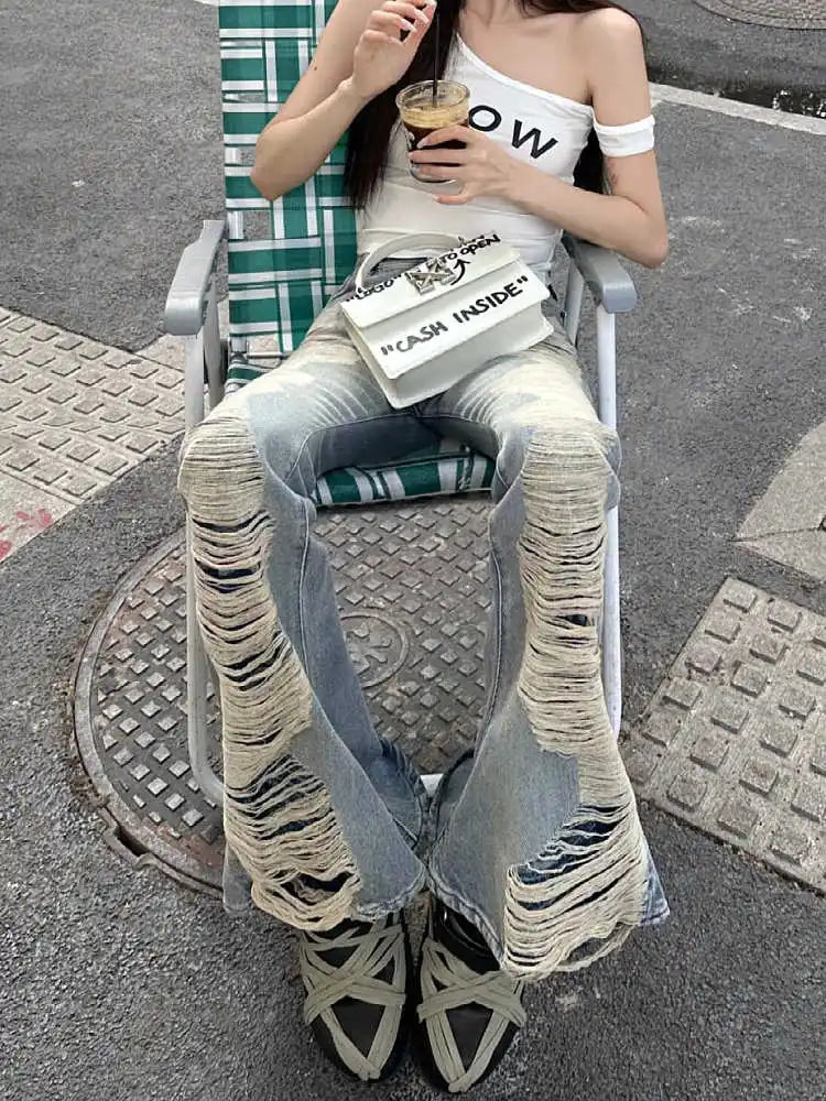 Goblin Core Abi Grunge Cyber Punk Flare Jean Y2k Japanese Harajuku Low Rise Ripped Denim Pants 2000s Bell-Bottom