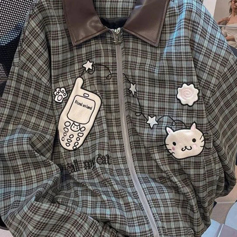 American Sweet Plaid Patchwork Jacket Long Sleeve Fall Zip Loose Coat Harajuku Y2K Casual Lazy Kawaii Street Top