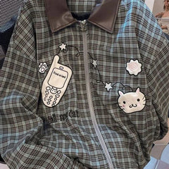 American Sweet Plaid Patchwork Jacket Long Sleeve Fall Zip Loose Coat Harajuku Y2K Casual Lazy Kawaii Street Top