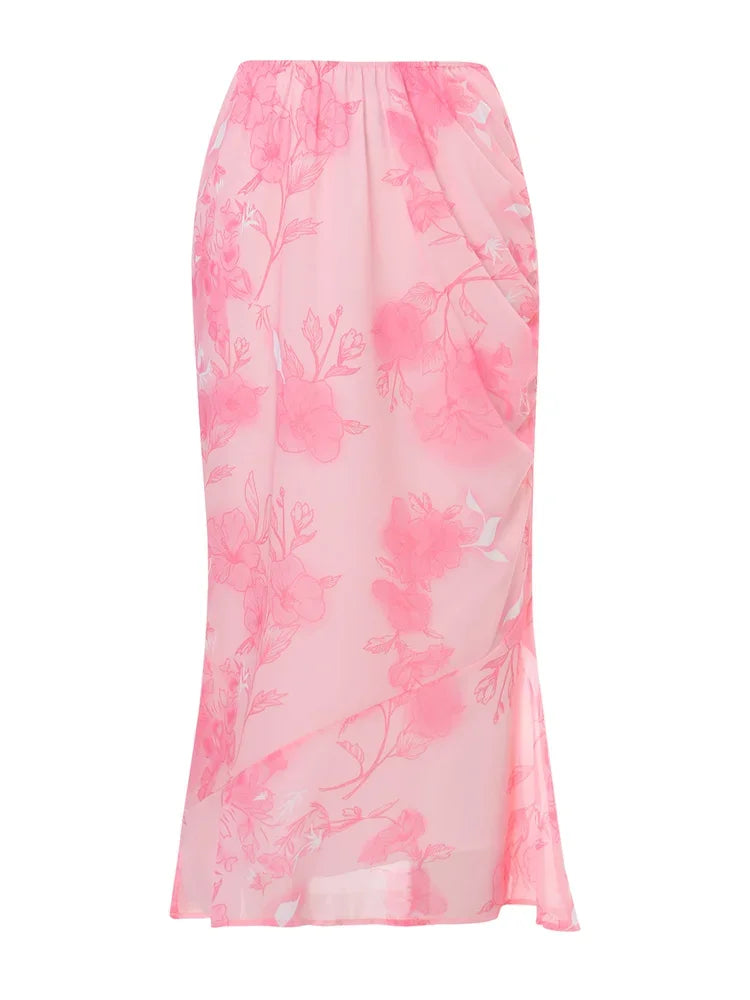 Floral Long Skirts Low Waist Chiffon Flowy Straight Skirt Fall Bohemian Casual Retro Skirts