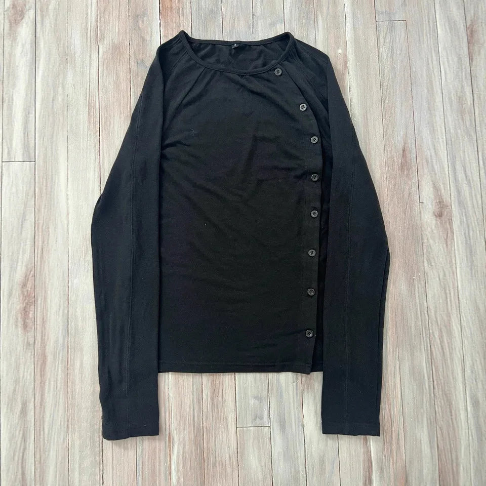 Y2K Solid Color Button Round Neck T-shirt Casual Edition Retro Trend