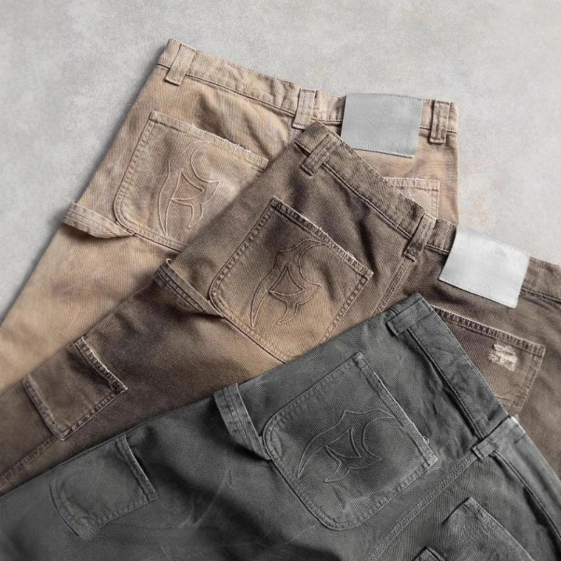 Deeptown Y2k Vintage Washed Short Cargo Jeans Harajuku Hole American Style Wide Leg Man Jorts Baggy Hip Hop Streetwear